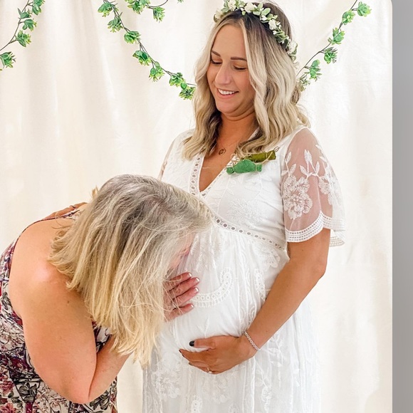 PinkBlush White Lace Mesh Overlay Maternity Dress - Picture 8 of 12